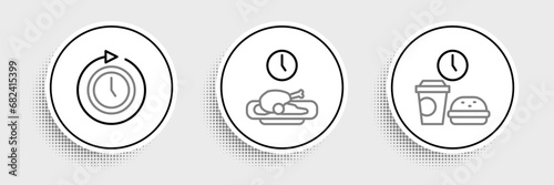 Set line Fast food time, Clock with arrow and Food icon. Vector photo