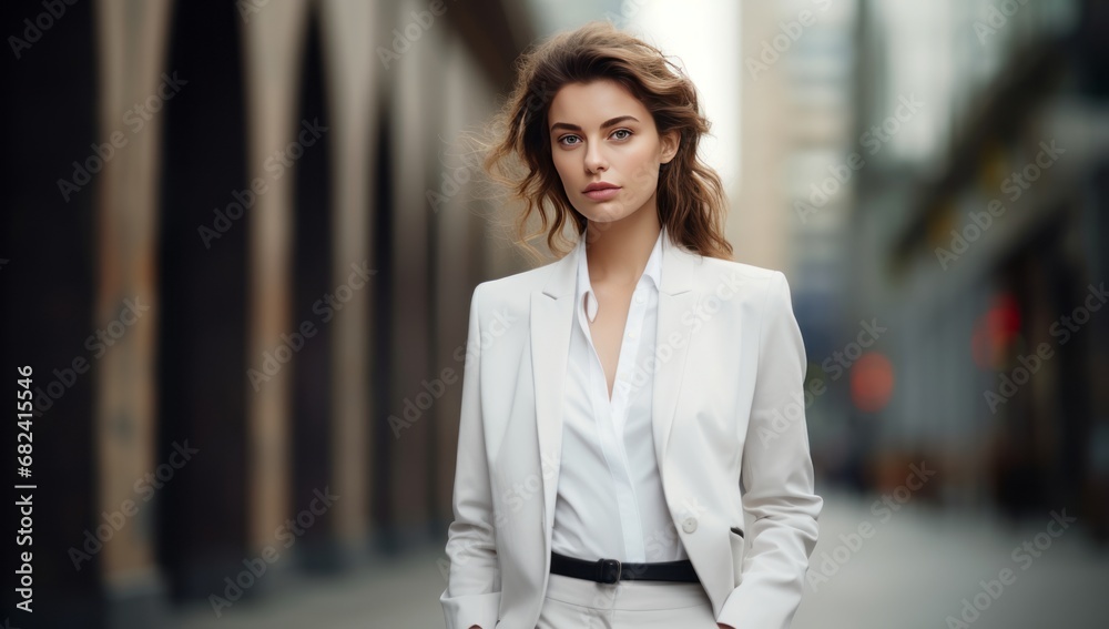 A Stylish Woman in a Chic White Suit, Posing Confidently on a Busy Urban Street A Stylish Woman in a Chic White Suit, Posing Confidently on a Busy Urban Street