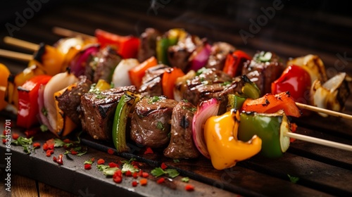 an image of a barbecue skewer loaded with chunks of marinated steak and vegetables