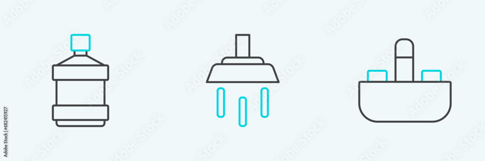 Set line Washbasin with water tap, Big bottle clean and Shower icon. Vector Set line Washbasin with water tap, Big bottle clean and Shower icon. Vector