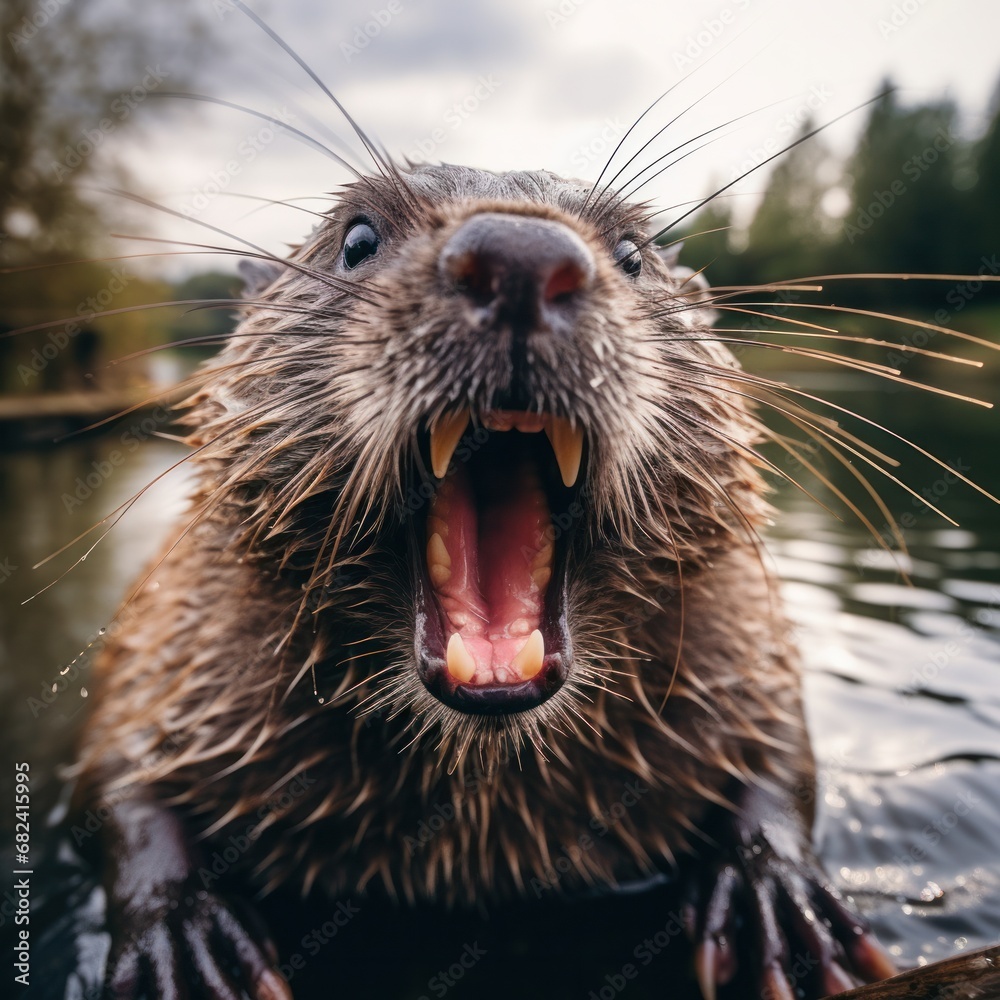 Furious rodent, up-close image of untamed beaver, assaults, leaps at the lens, irate creature smirk, solitary. Furious rodent, up-close image of untamed beaver, assaults, leaps at the lens, irate creature smirk, solitary.