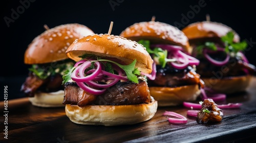 an image of a barbecue pork belly slider with pickled onions