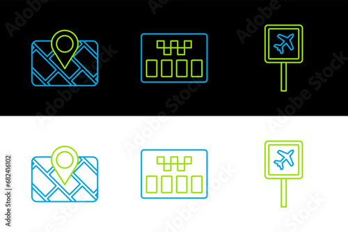 Set line Airport, Gps device with map and Taximeter icon. Vector