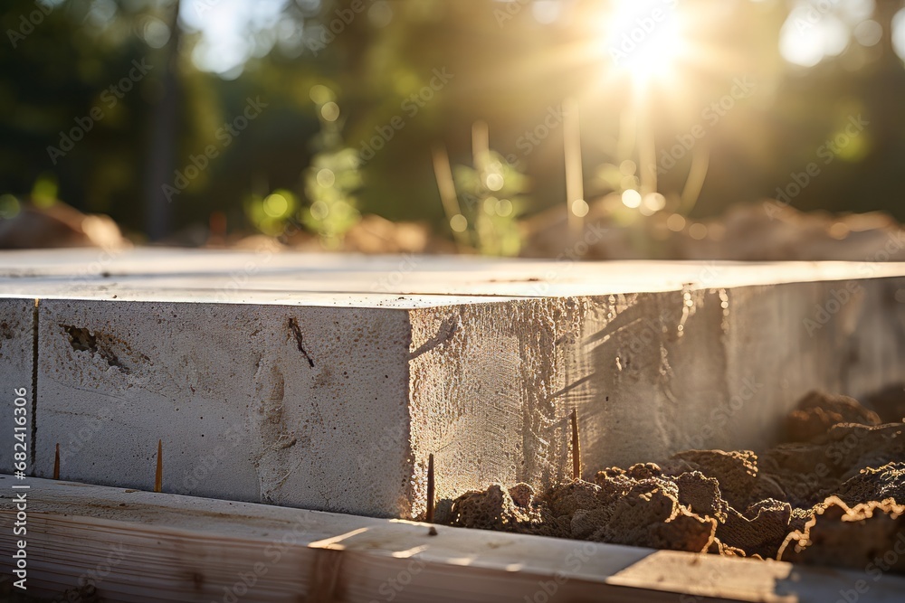 A stem wall slab foundation during the summer morning