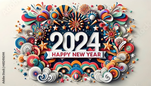 Happy New Year 2024 background, 3D paper art style celebration with layered ribbons, stars and balloons.