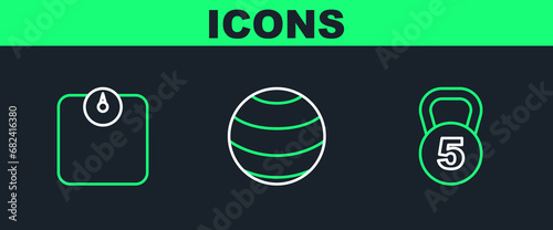 Set line Weight, Bathroom scales and Fitness ball icon. Vector