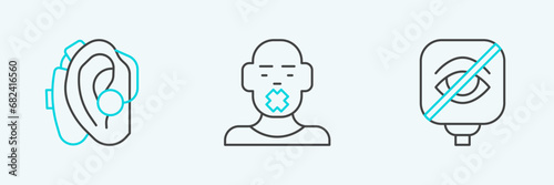Set line Blindness, Hearing aid and Head of deaf and dumb icon. Vector