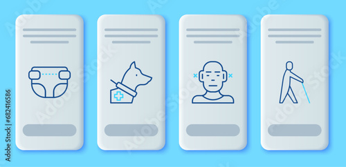 Set line Guide dog, Deaf, Adult diaper and Blind human holding stick icon. Vector