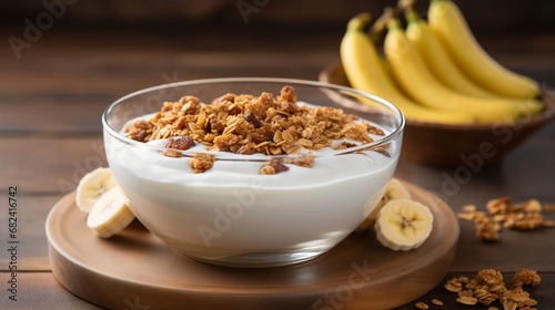 an image of a bowl of homemade granola with yogurt and sliced bananas