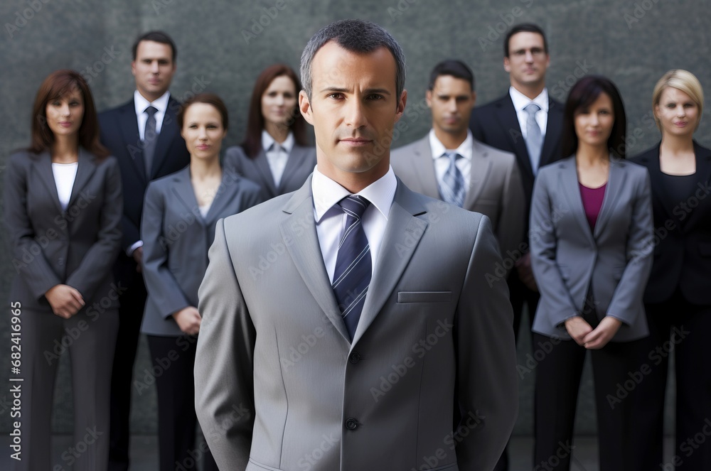 Professional manager man stands in front of team experts. Business team leader and project management staff. Generate ai Professional manager man stands in front of team experts. Business team leader and project management staff. Generate ai