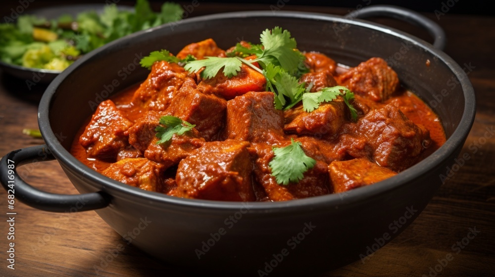 an image of a bowl of spicy vindaloo curry with marinated pork