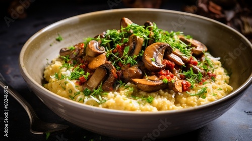 an image of a bowl of savory oatmeal with saut?(C)ed mushrooms and thyme