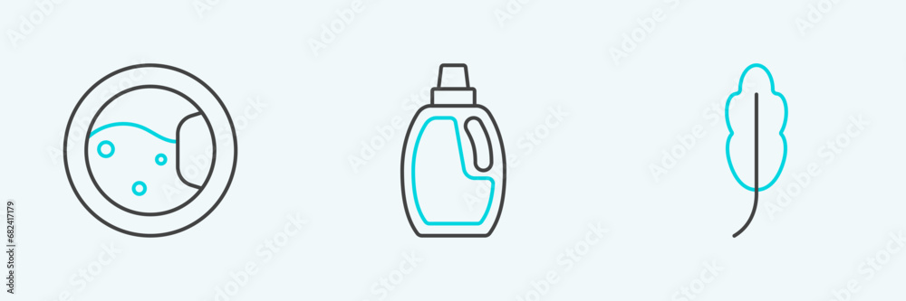 Set line Feather, Washer and Bottle for cleaning agent icon. Vector Set line Feather, Washer and Bottle for cleaning agent icon. Vector
