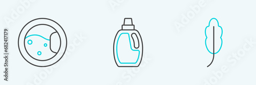 Set line Feather, Washer and Bottle for cleaning agent icon. Vector
