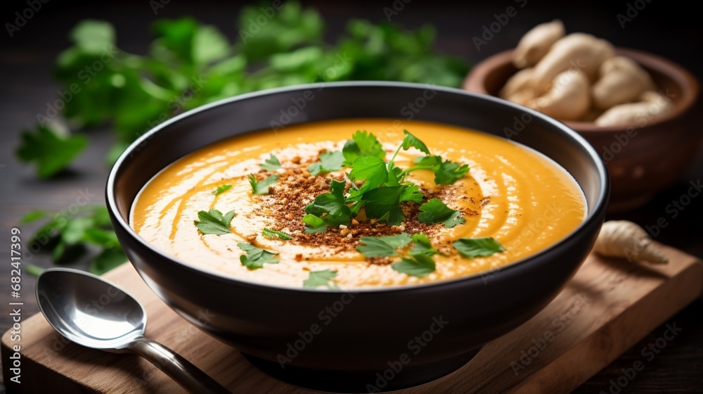 an image of a bowl of creamy sweet potato soup with a hint of nutmeg