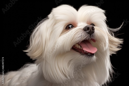 A white dog with long hair and a black background.