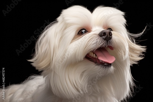 A white dog with long hair and a black background. © tilialucida