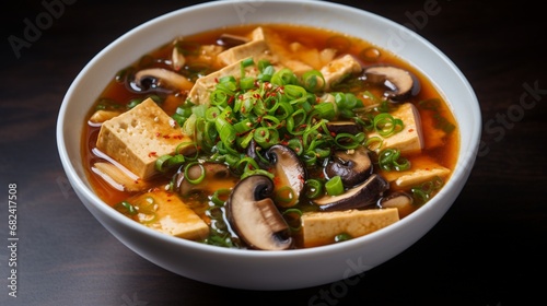 an image of a bowl of hot and sour soup with tofu, mushrooms, and a tangy broth