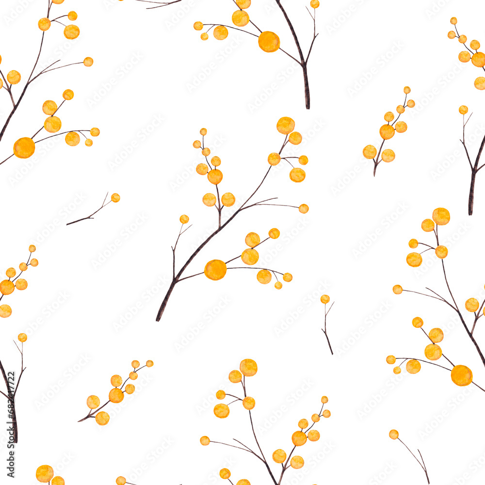 Watercolor branches with yellow berries on a white background, seamless pattern