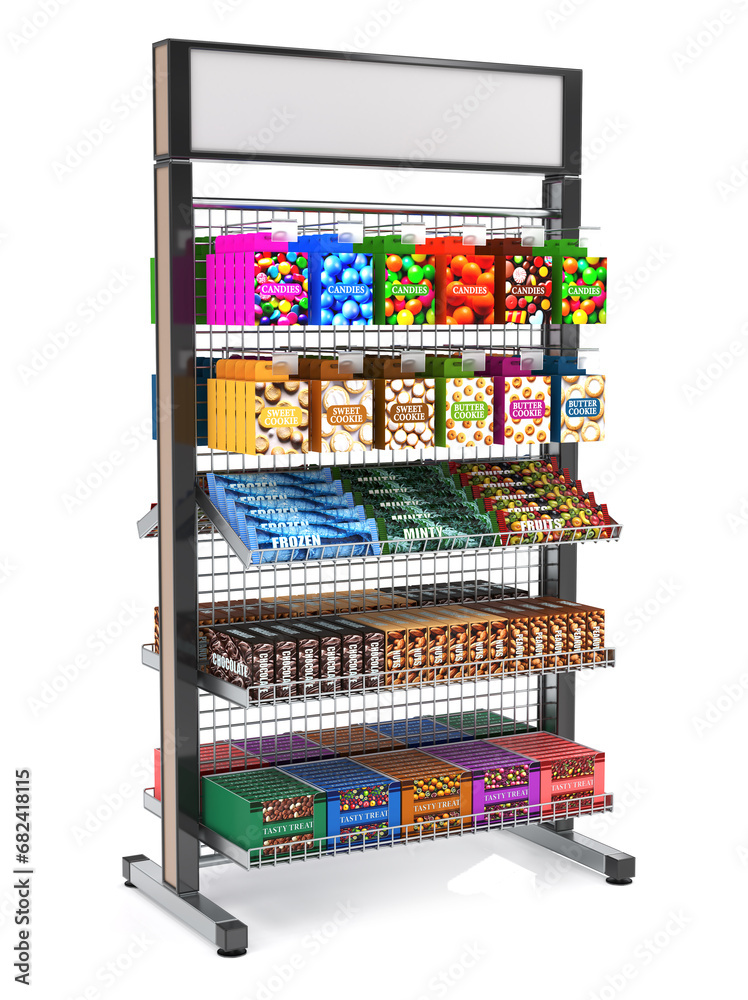 Showcase made of metal mesh with shelves and euro hooks and display of goods. 3d illustration
