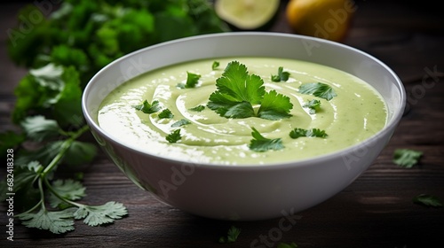 an image of a bowl of creamy avocado soup with a garnish of cilantro