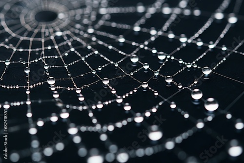 A close-up capture of a delicate spider's web, showcasing its intricate circular structure adorned with tiny water droplets.