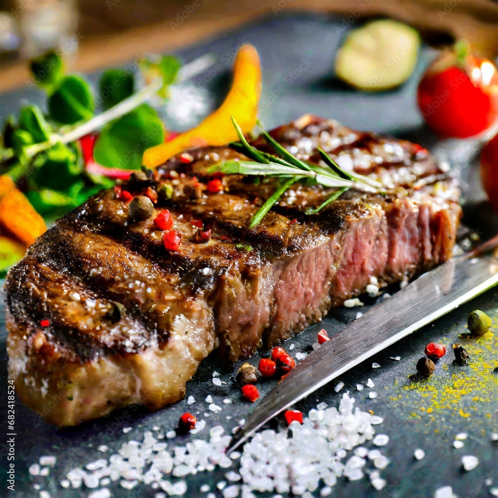 View of a delicious and juicy grilled beef steak with pepper seeds, small vegetables, rosemary