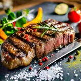 View of a delicious and juicy grilled beef steak with pepper seeds, small vegetables, rosemary