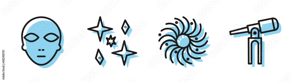 Set line Black hole, Alien, Planet and Telescope icon. Vector Set line Black hole, Alien, Planet and Telescope icon. Vector