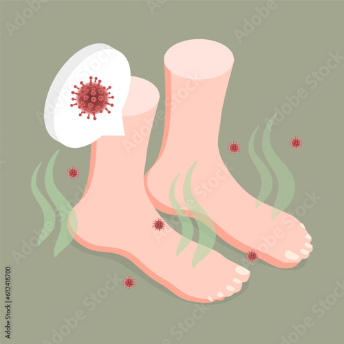 3D Isometric Flat Vector Illustration of Feet Unpleasant Smell, Fungal Lesions