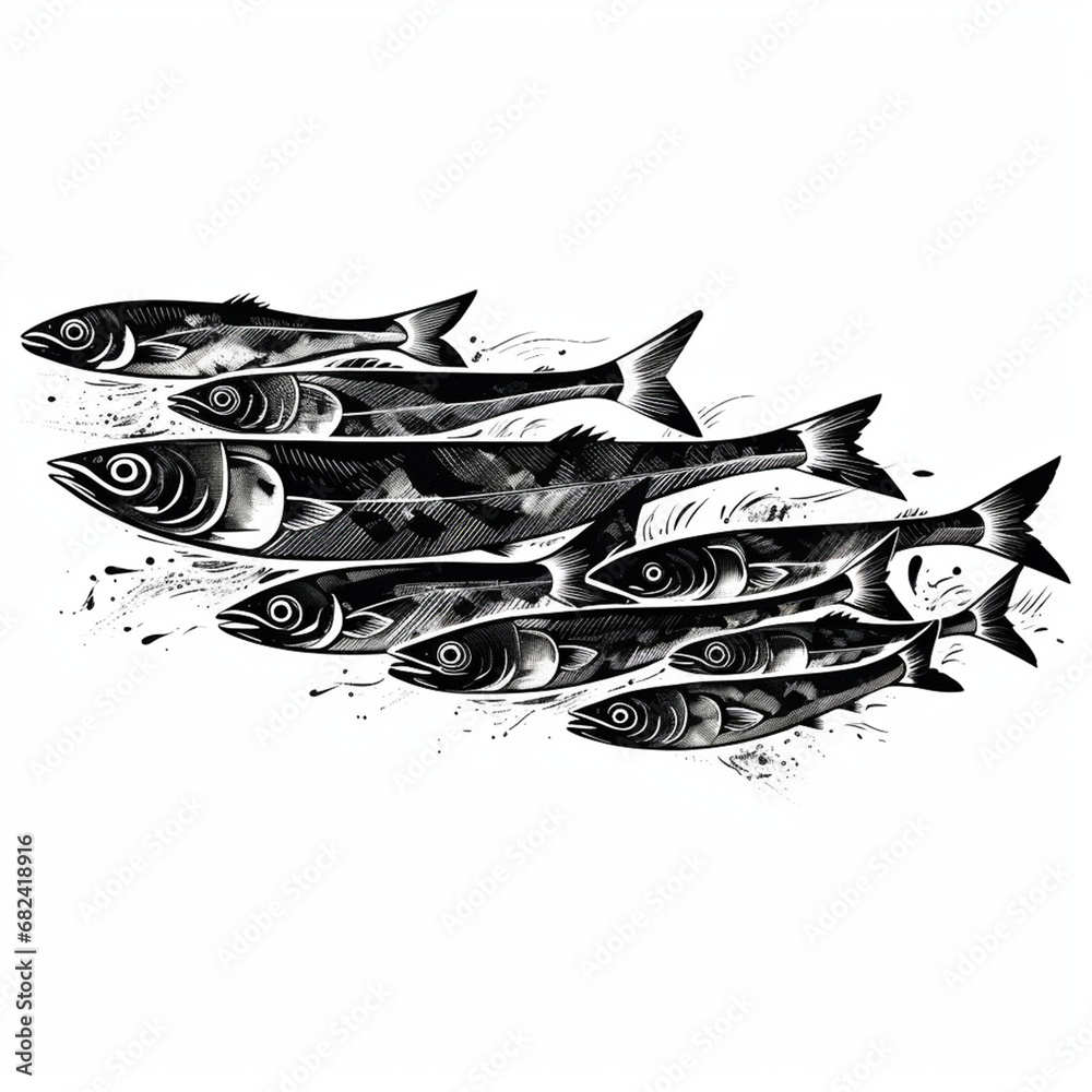 Obraz premium Sardine line art illustration, black and white created with Generative Ai