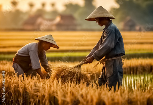 Raccolta al Sorgere del Sole- Agricoltori Cinesi in Abiti d'Epoca photo