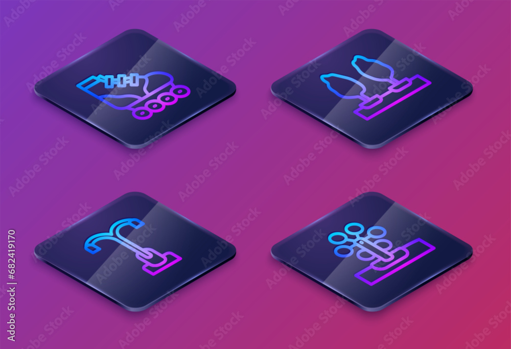 Set Isometric line Roller skate, Street light, Forest and Ferris wheel. Blue square button. Vector Set Isometric line Roller skate, Street light, Forest and Ferris wheel. Blue square button. Vector