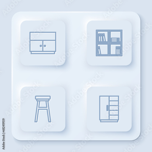 Set line Wardrobe, Shelf with books, Chair and . White square button. Vector