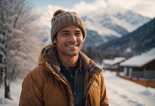 handsome white men wearing winter jacket and hat, snow tree and mountain on the background