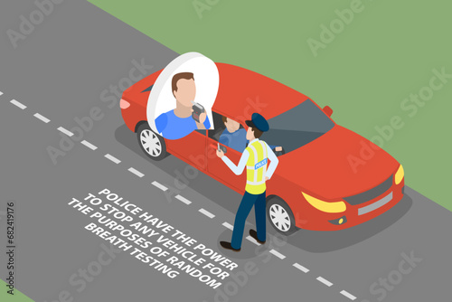 3D Isometric Flat Vector Illustration of Roadside Drug And Alcohol Testing, Driver Blowing into a Tester
