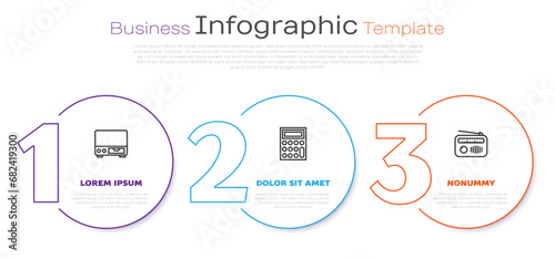 Set line Old video cassette player, Calculator and Radio with antenna. Business infographic template. Vector