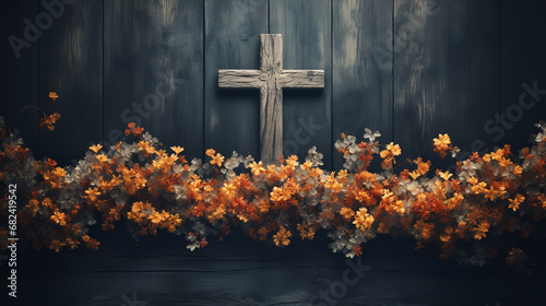 Wood Christian cross with border of leaves on a dark wood background with copy space