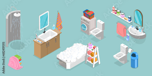 3D Isometric Flat Vector Set of Bathroom Interior Furniture, Shower Cabin, Sink with Mirror, Toilet