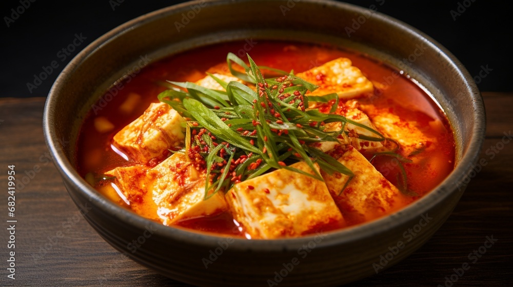 an image of a bowl of spicy kimchi soup with tofu and fermented kimchi