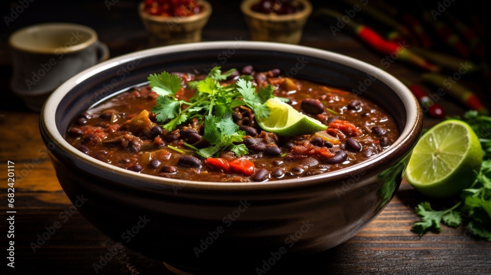 an image of a bowl of spicy black bean and chorizo soup with a dash of lime