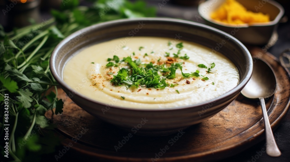 an image of a bowl of creamy cauliflower and cheese soup with a drizzle of olive oil - obrazy, fototapety, plakaty 