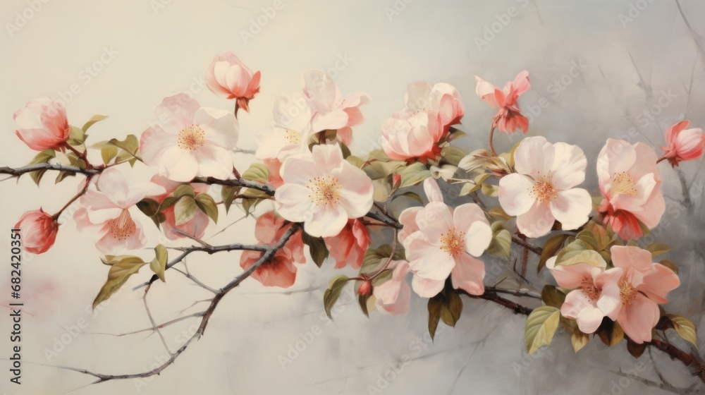 A painting of pink flowers on a branch.