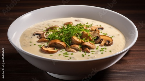 an image of a bowl of creamy mushroom soup with saut?(C)ed mushrooms on top