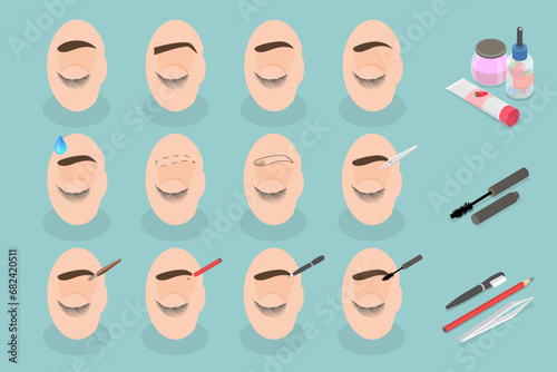 3D Isometric Flat Vector Illustration of Eyebrows Shaping, Various Forms and Types