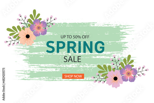  Spring sale banner with beautiful colorful flowers. For template, banners, wallpaper, flyers, invitation, posters, brochure, voucher discount. Vector illustration