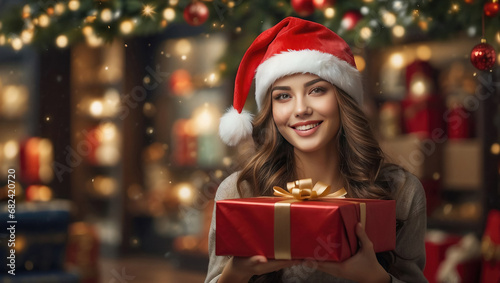 young woman with gift box in Santa Claus hat in store, Christmas decorations on background