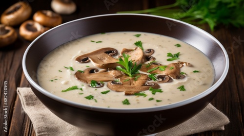 an image of a bowl of creamy mushroom soup with saut?(C)ed mushrooms on top