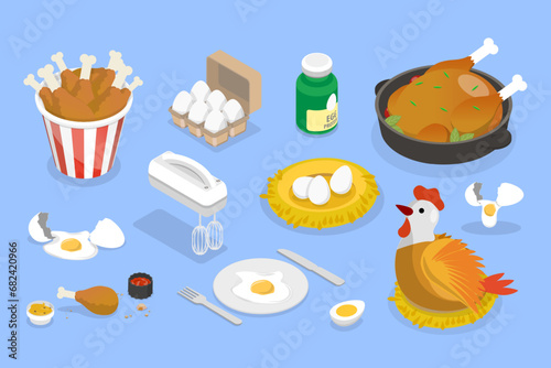 3D Isometric Flat Vector Set of Chicken Products, Tasty Fast Food