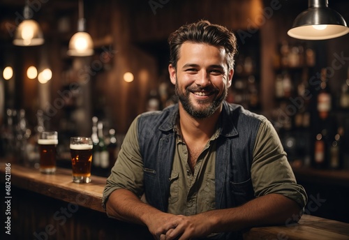 handsome men bartender  bar and beer on the background